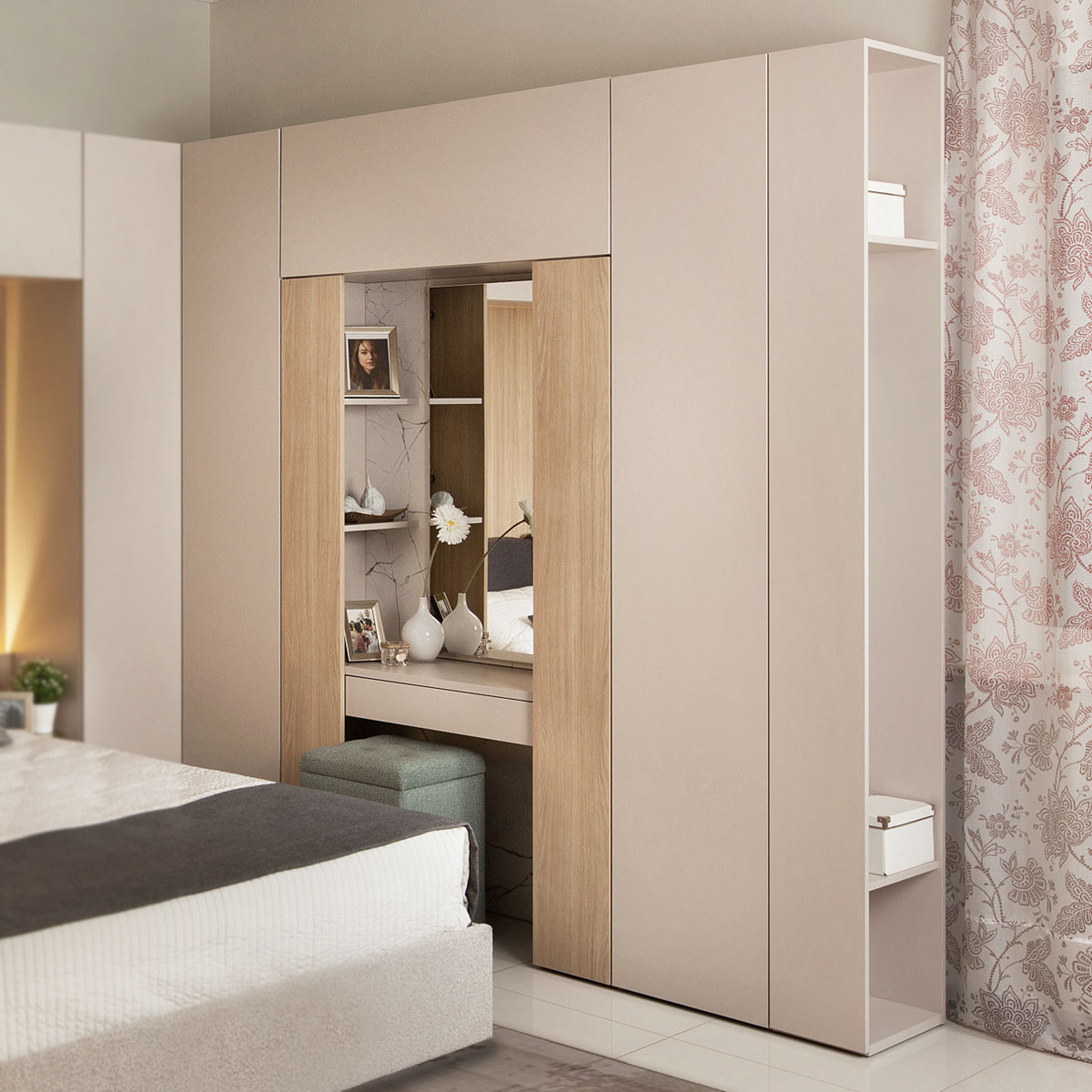 Стенка в спальню с туалетным столом Сарино (Кашемир серый / Иланга)