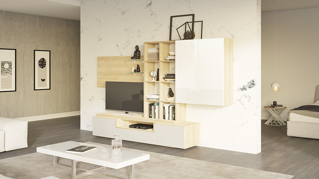 Стенка в гостиную Соло (дуб Ривьера/белый глянец)