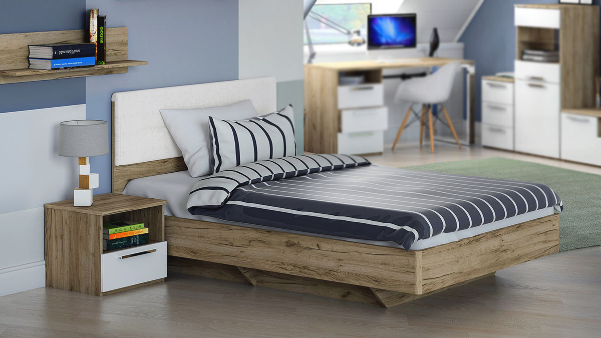 Кровать с тумбой Наполи (дуб Крафт серый/белый матовый)