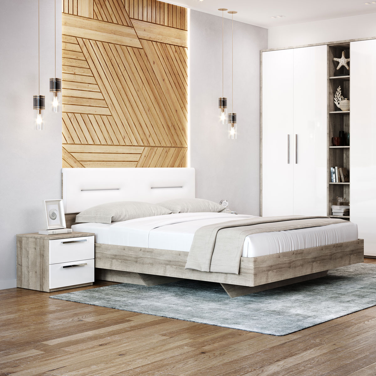 Кровать с прикроватными тумбами Наполи (дуб Крафт серый/белый глянец)