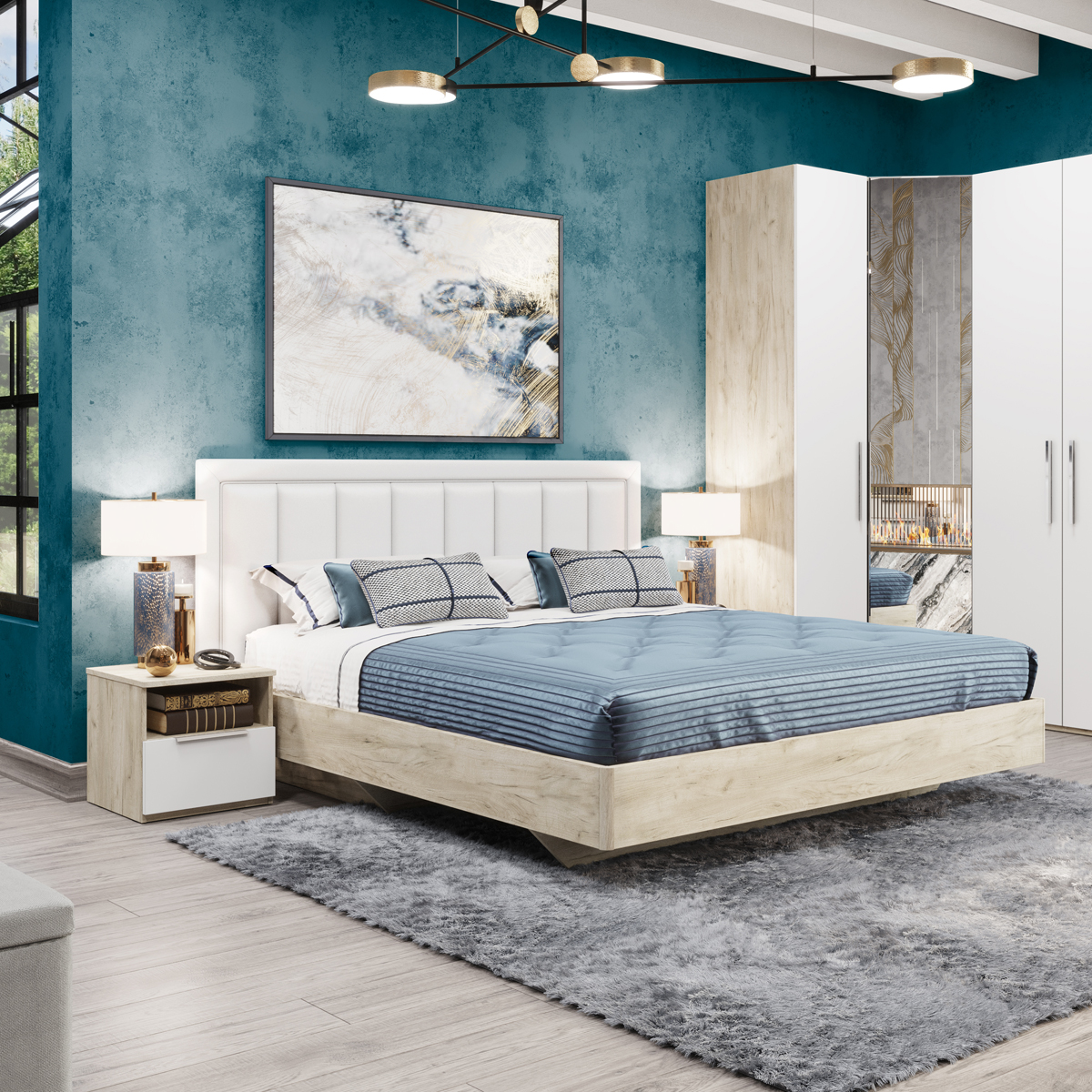 Кровать с тумбами Наполи (Крафт белый/белый матовый)