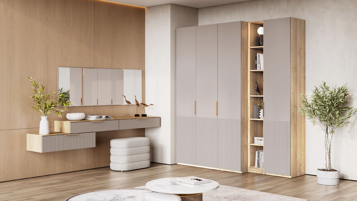 Четырехдверный шкаф Solo Wave c фрезеровкой (Ривьера / кашемир)