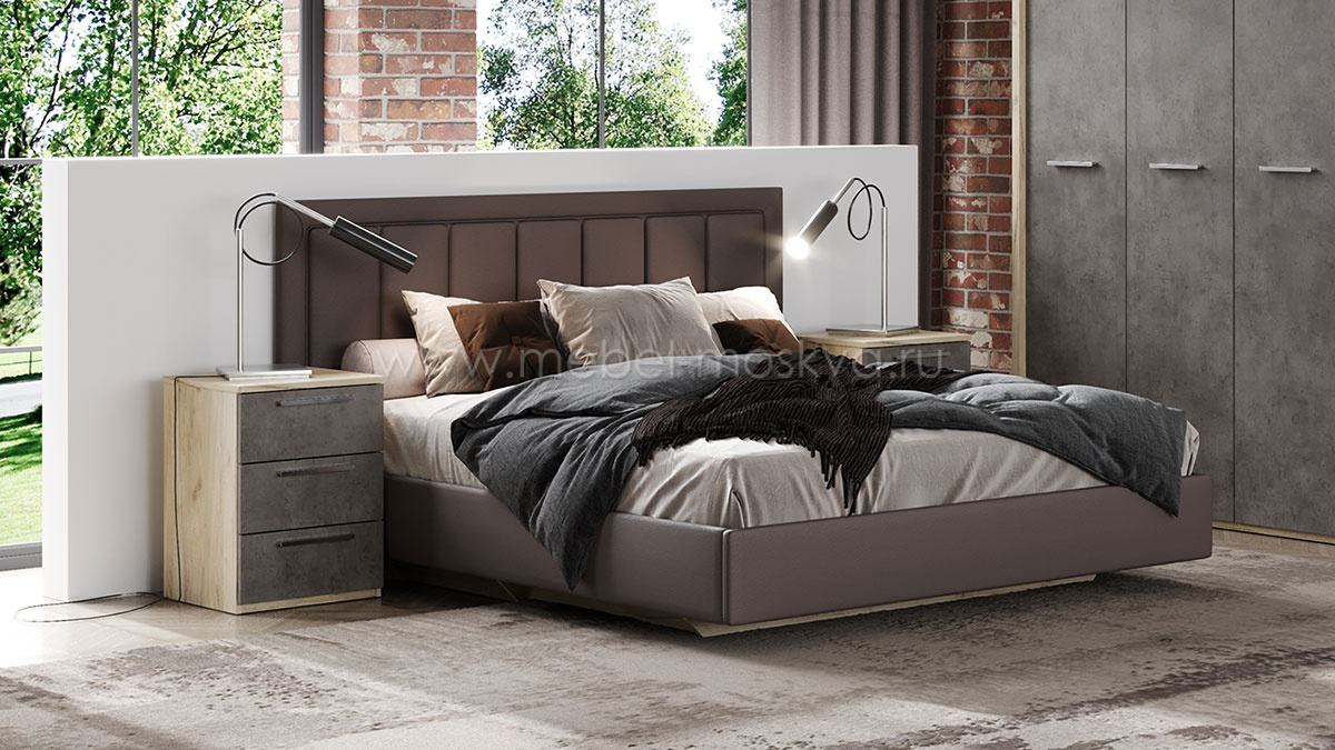 Мягкая кровать с тумбами Napoli (Крафт серый/бетон Дарк)